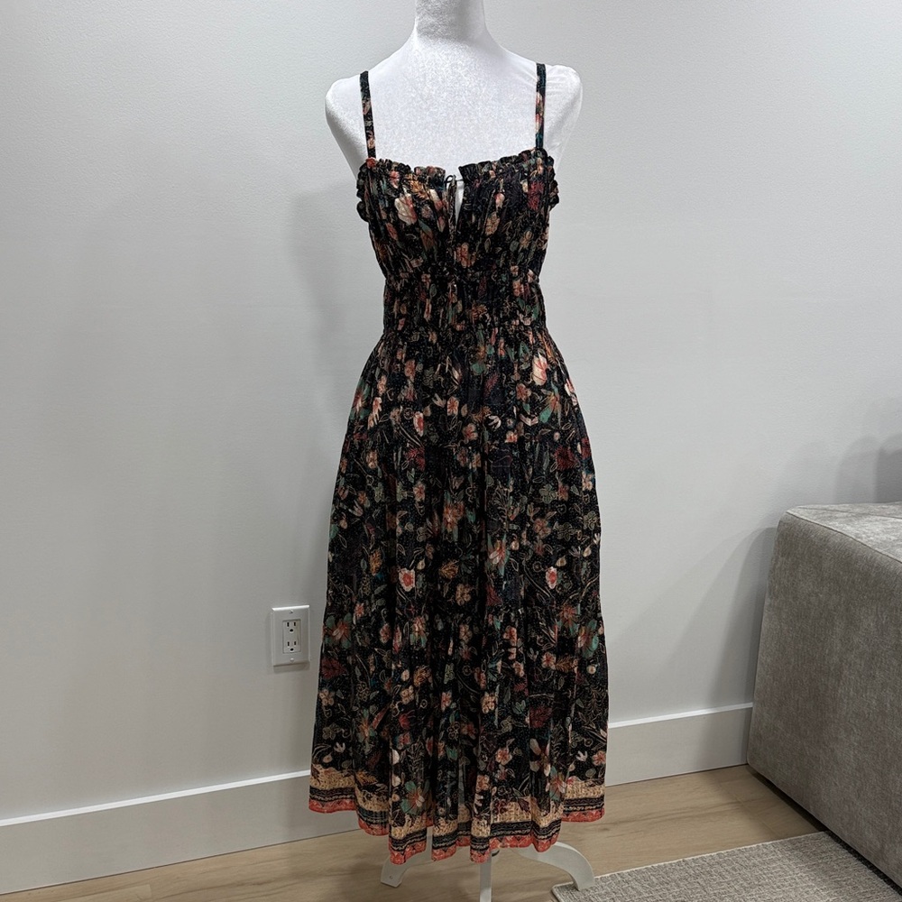 Ulla Johnson Black Floral Smocked Maxi Dress with Border Hem